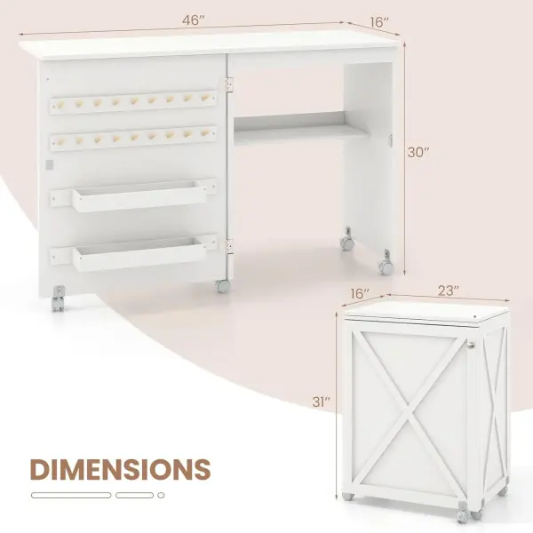 Giantex Folding Sewing Table - Farmhouse Sewing Machine Cabinet with Barn Door, 18 Pegs, 2 Storage Trays, Craft Station Side Desk Cart on Lockable Wheels (White, 46''L x 16''W x 30''H)