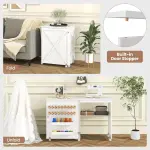 Giantex Folding Sewing Table - Farmhouse Sewing Machine Cabinet with Barn Door, 18 Pegs, 2 Storage Trays, Craft Station Side Desk Cart on Lockable Wheels (White, 46''L x 16''W x 30''H)
