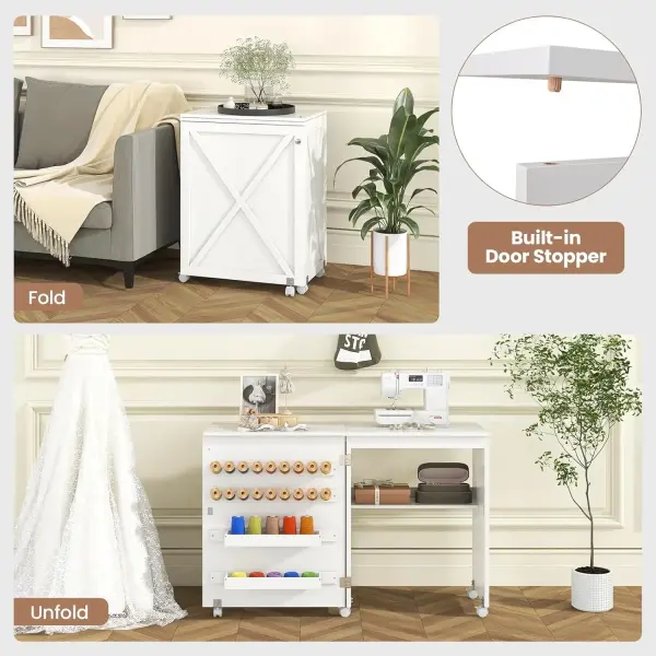 Giantex Folding Sewing Table - Farmhouse Sewing Machine Cabinet with Barn Door, 18 Pegs, 2 Storage Trays, Craft Station Side Desk Cart on Lockable Wheels (White, 46''L x 16''W x 30''H)