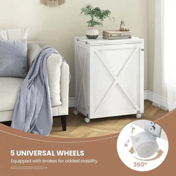 Giantex Folding Sewing Table - Farmhouse Sewing Machine Cabinet with Barn Door, 18 Pegs, 2 Storage Trays, Craft Station Side Desk Cart on Lockable Wheels (White, 46''L x 16''W x 30''H)