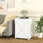 Giantex Folding Sewing Table - Farmhouse Sewing Machine Cabinet with Barn Door, 18 Pegs, 2 Storage Trays, Craft Station Side Desk Cart on Lockable Wheels (White, 46''L x 16''W x 30''H)