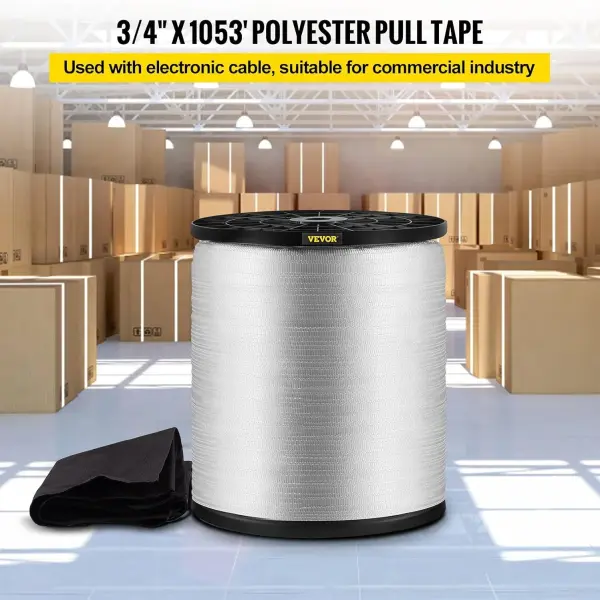 VEVOR Pull Tape, Tensile Capacity, Professional Flat Rope 1053' Extended Reel, Polyester Webbing Suitable for Packaging in Crafting, and Commercial Electrical, 2500 lb (3/4" x 1053 ft), White