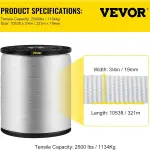 VEVOR Pull Tape, Tensile Capacity, Professional Flat Rope 1053' Extended Reel, Polyester Webbing Suitable for Packaging in Crafting, and Commercial Electrical, 2500 lb (3/4" x 1053 ft), White