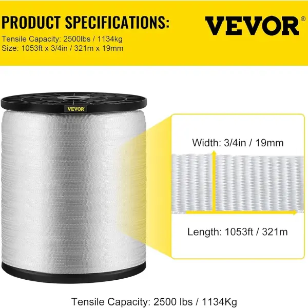 VEVOR Pull Tape, Tensile Capacity, Professional Flat Rope 1053' Extended Reel, Polyester Webbing Suitable for Packaging in Crafting, and Commercial Electrical, 2500 lb (3/4" x 1053 ft), White