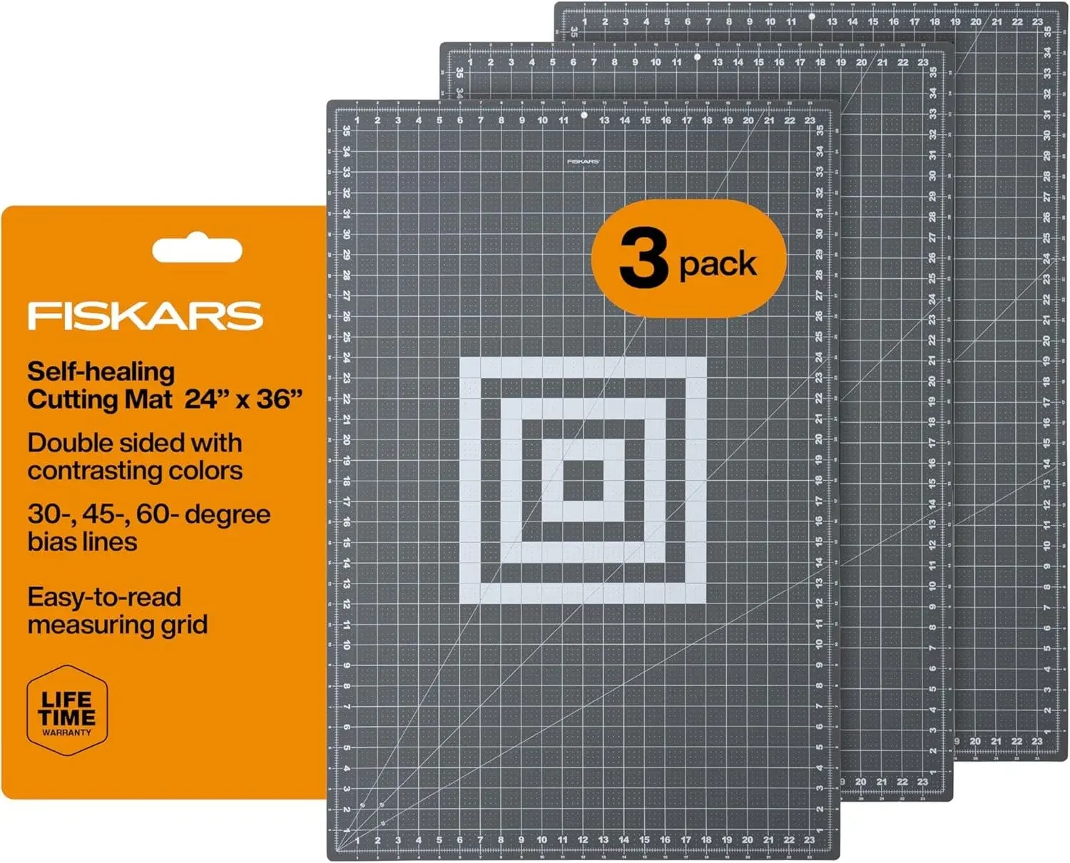 Fiskars Self Healing Cutting Mat for Quilting, Arts and Crafts, 24" x 36" Grid, Sewing Mat, Craft Cutting Board, Sewing Supplies and Quilting Tools (Pack of 3)