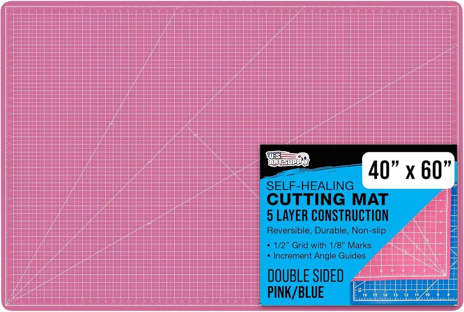 U.S. Art Supply 40" x 60" Self-Healing Cutting Mat 5-Ply - Double-Sided Pink/Blue Craft Mat, Non-Slip Cutting Mats for Crafts, Sewing, Quilting, Scrapbooking