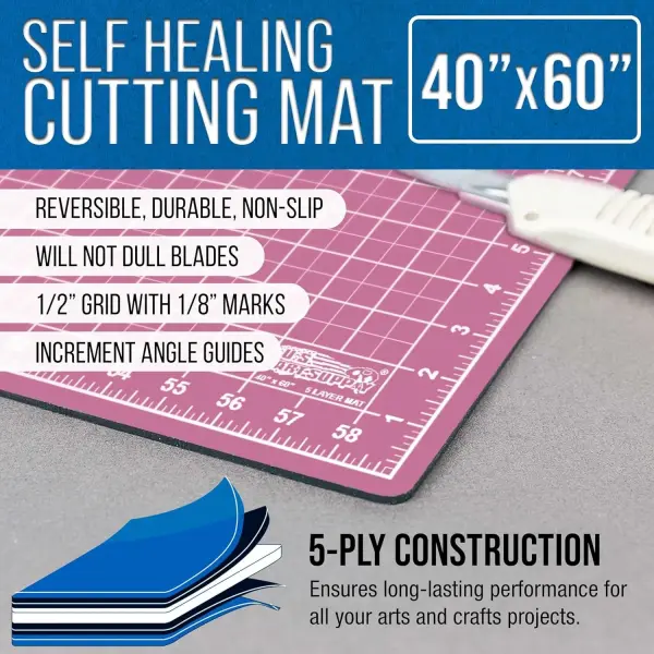 U.S. Art Supply 40" x 60" Self-Healing Cutting Mat 5-Ply - Double-Sided Pink/Blue Craft Mat, Non-Slip Cutting Mats for Crafts, Sewing, Quilting, Scrapbooking
