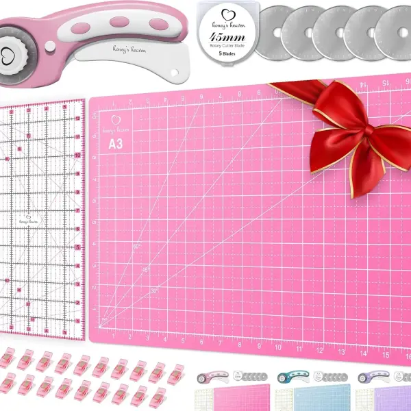 Rotary Cutter Set pink - Quilting Kit incl. 45mm Fabric Cutter, 5 Replacement Blades, A3 Cutting Mat, Acrylic Ruler and Craft Clips - Ideal for Crafting, Sewing, Patchworking, Crochet & Knitting y