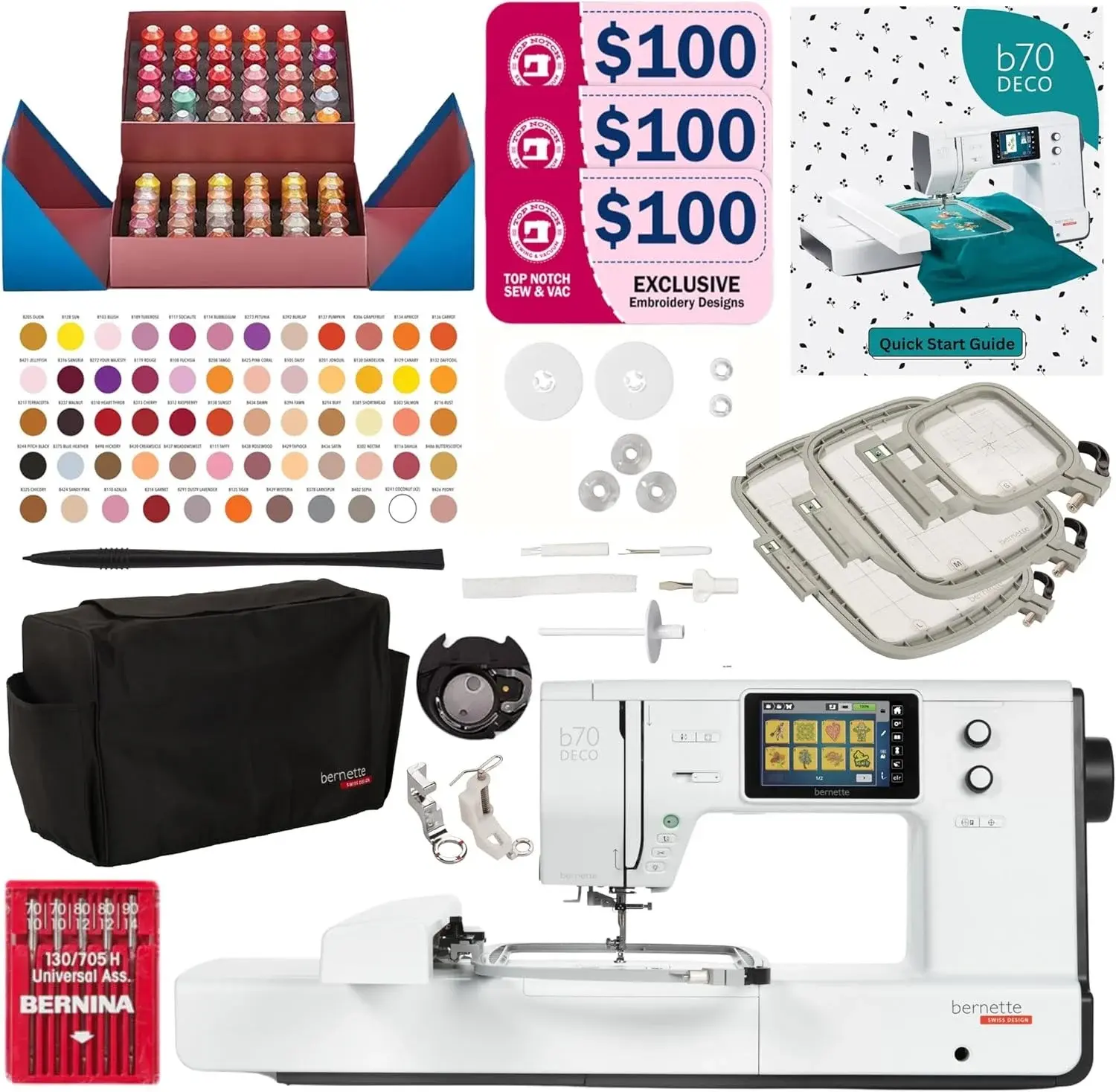 Bernette B70 Deco Embroidery Machine | Exclusive Bundle with 60 Sunset Threads, 3 Hoops (6x10, 4.7x7, 2x3), $300+ Embroidery Designs, 5" Touchscreen, USB Design Import, Tools & Accessories