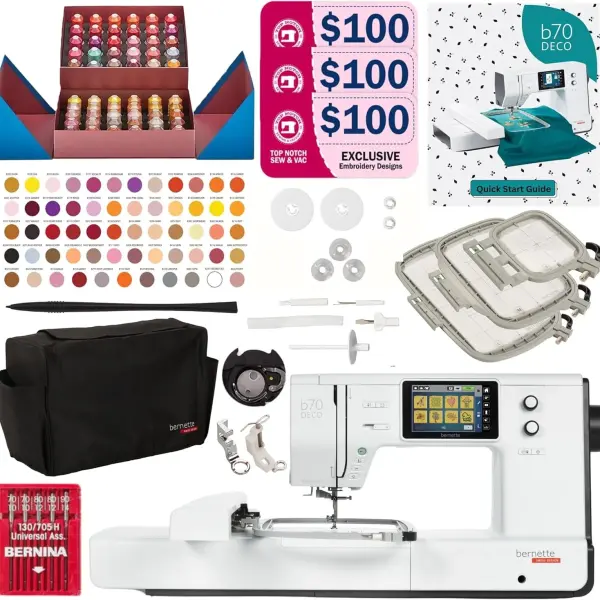 Bernette B70 Deco Embroidery Machine | Exclusive Bundle with 60 Sunset Threads, 3 Hoops (6x10, 4.7x7, 2x3), $300+ Embroidery Designs, 5" Touchscreen, USB Design Import, Tools & Accessories