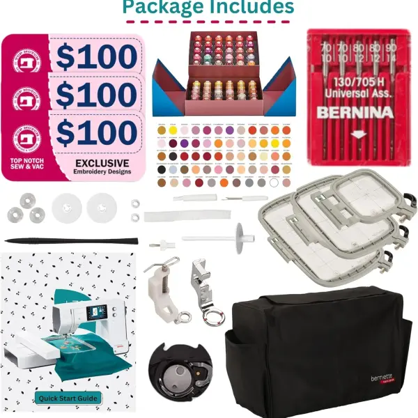 Bernette B70 Deco Embroidery Machine | Exclusive Bundle with 60 Sunset Threads, 3 Hoops (6x10, 4.7x7, 2x3), $300+ Embroidery Designs, 5" Touchscreen, USB Design Import, Tools & Accessories