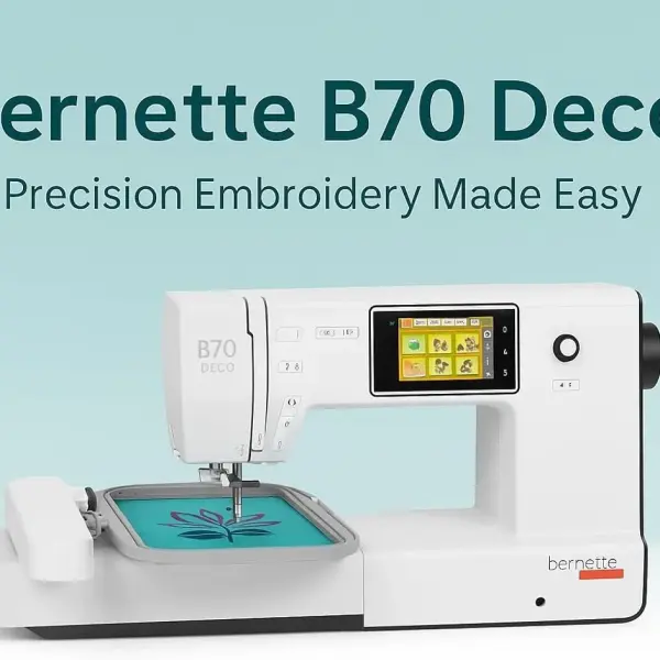 Bernette B70 Deco Embroidery Machine | Exclusive Bundle with 60 Sunset Threads, 3 Hoops (6x10, 4.7x7, 2x3), $300+ Embroidery Designs, 5" Touchscreen, USB Design Import, Tools & Accessories