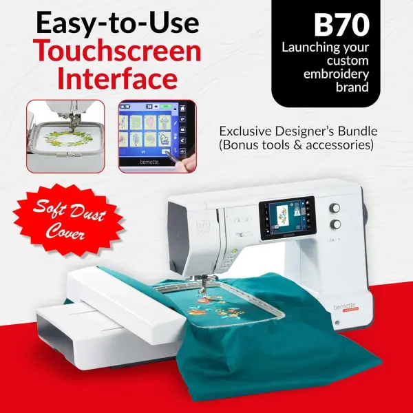 Bernette B70 Deco Embroidery Machine | Exclusive Bundle with 60 Sunset Threads, 3 Hoops (6x10, 4.7x7, 2x3), $300+ Embroidery Designs, 5" Touchscreen, USB Design Import, Tools & Accessories