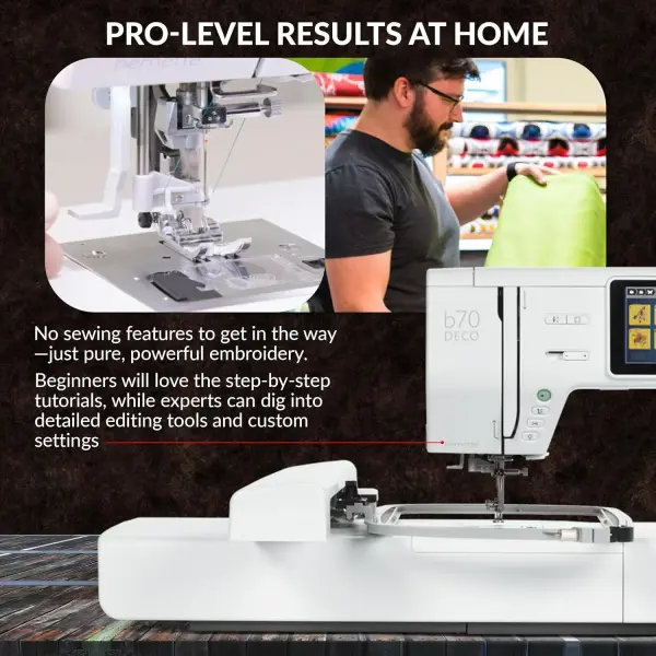 Bernette B70 Deco Embroidery Machine | Exclusive Bundle with 60 Sunset Threads, 3 Hoops (6x10, 4.7x7, 2x3), $300+ Embroidery Designs, 5" Touchscreen, USB Design Import, Tools & Accessories