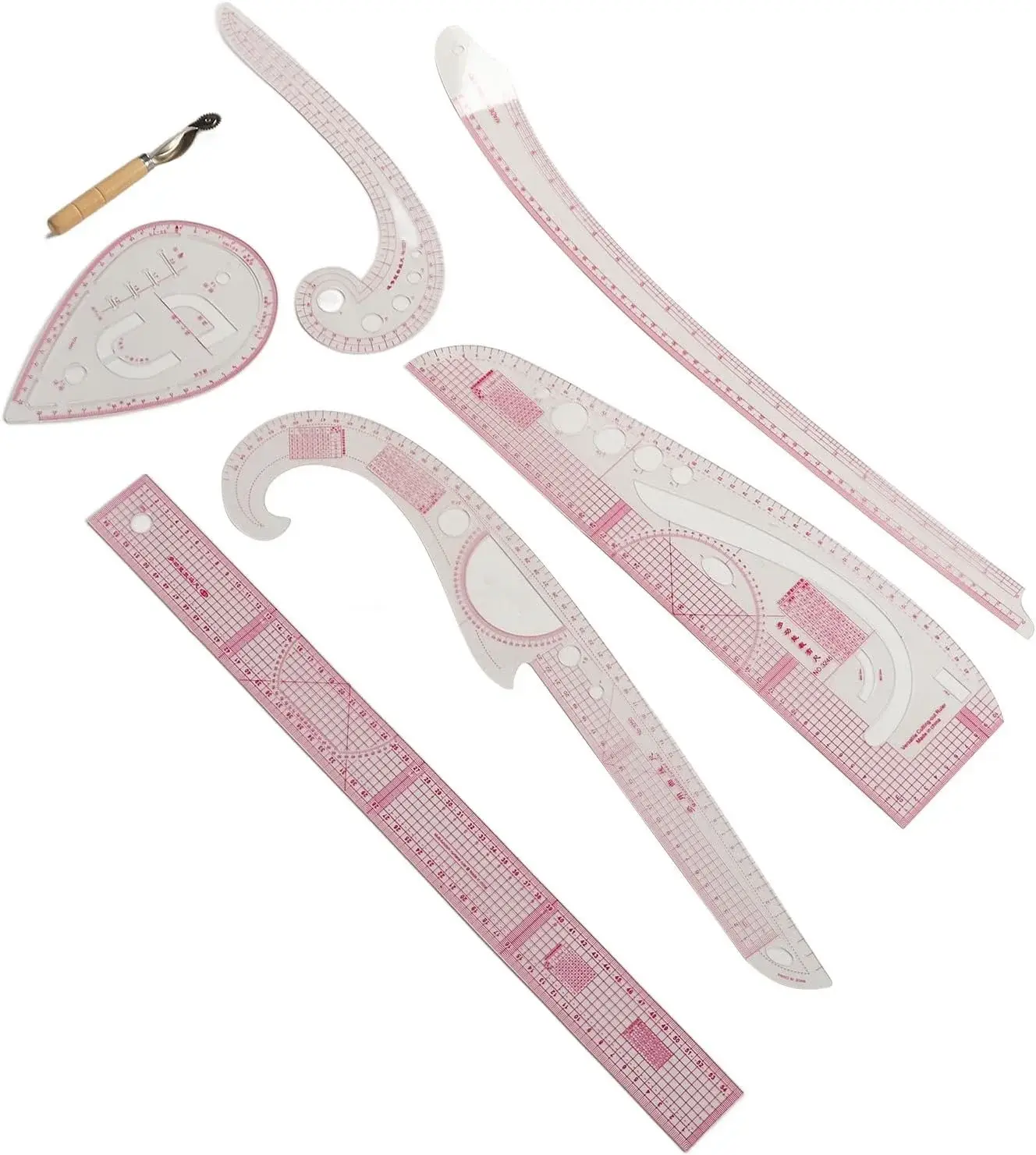 SIXRUN 7Pcs French Curve Pattern Ruler Sets, Transparent PVC Metric Sewing Tools for Dressmaking, Quilting and Crafting, Curved Rulers with Protractor, DIY Design