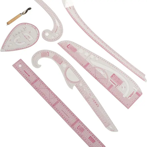 SIXRUN 7Pcs French Curve Pattern Ruler Sets, Transparent PVC Metric Sewing Tools for Dressmaking, Quilting and Crafting, Curved Rulers with Protractor, DIY Design