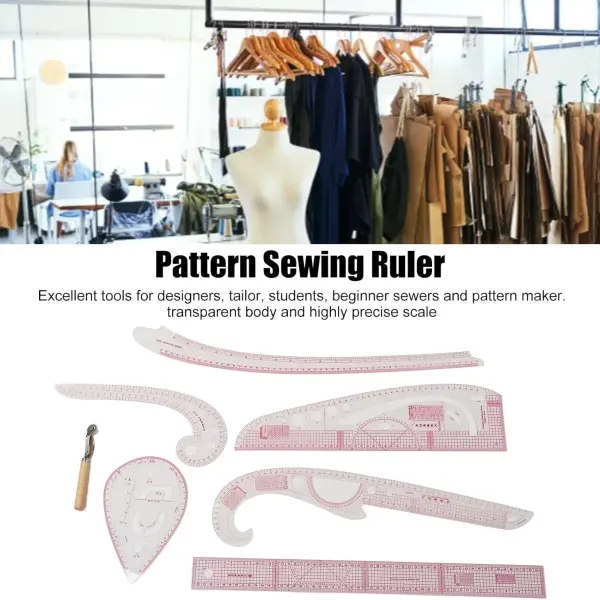 SIXRUN 7Pcs French Curve Pattern Ruler Sets, Transparent PVC Metric Sewing Tools for Dressmaking, Quilting and Crafting, Curved Rulers with Protractor, DIY Design