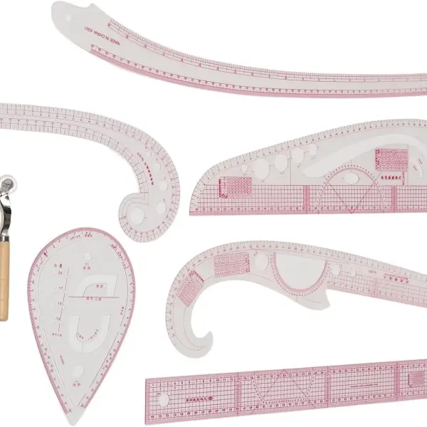 SIXRUN 7Pcs French Curve Pattern Ruler Sets, Transparent PVC Metric Sewing Tools for Dressmaking, Quilting and Crafting, Curved Rulers with Protractor, DIY Design