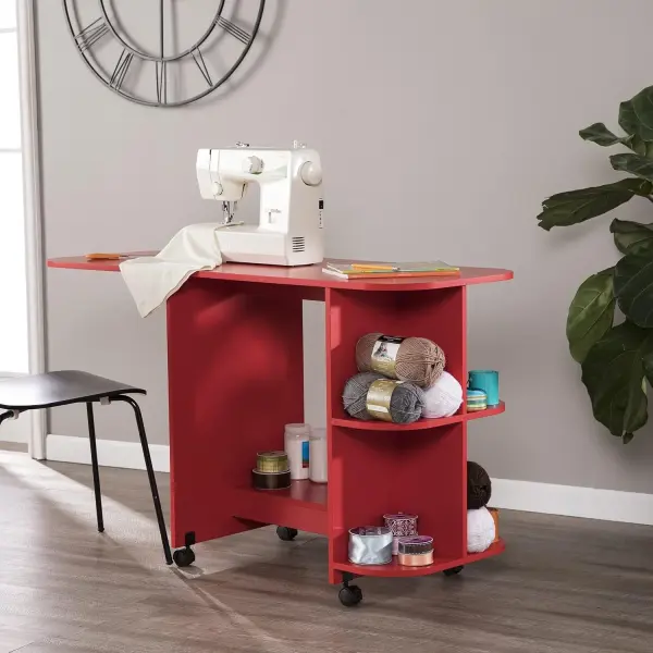 SEI FURNITURE Southern Enterprises Expandable Rolling Sewing Station Craft Table, Red