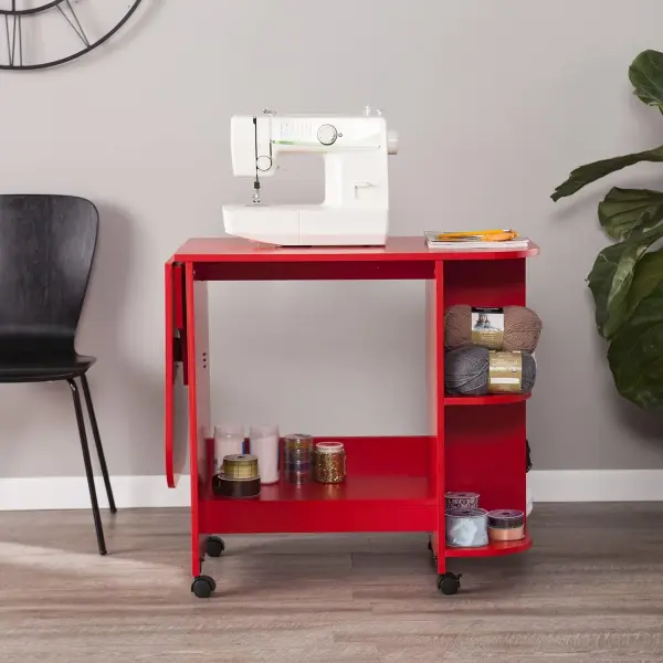 SEI FURNITURE Southern Enterprises Expandable Rolling Sewing Station Craft Table, Red