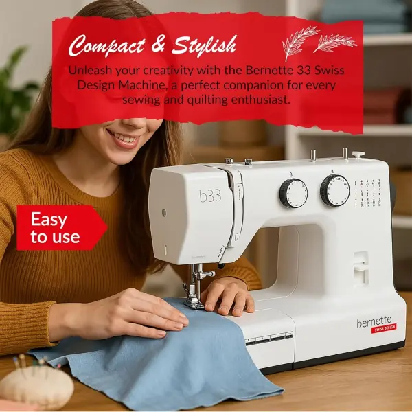 Bernette B33 Sewing Machine for Beginners | 23 Stitches | 7 Presser Feet | Automatic Buttonhole | Includes Rotary Mat, Scissor & LED Light, Threader, Bobbins, & More