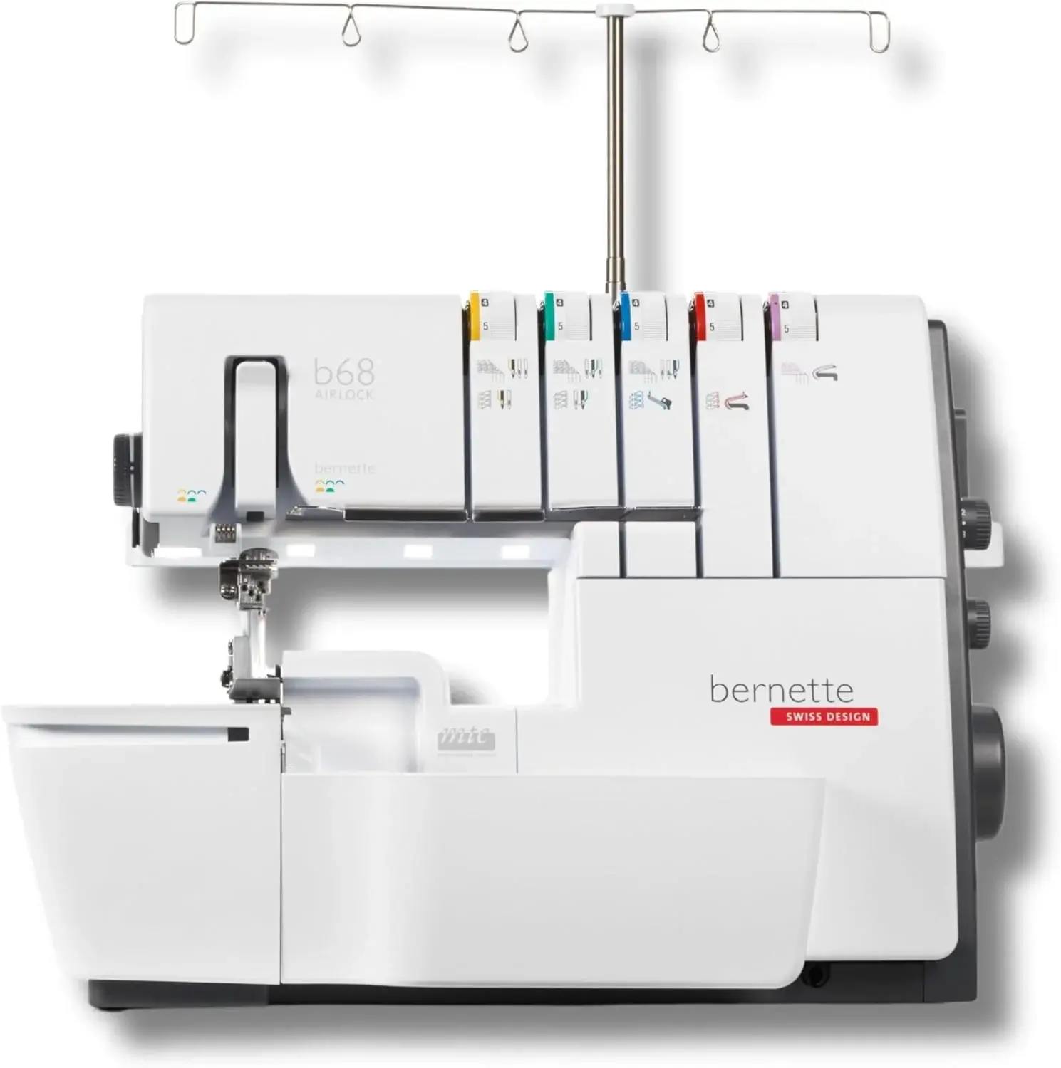 Bernette B68 Airlock Serger with easy air threading, overlock coverstitch combo, high-speed stitching, LED lighting, adjustable stitch length, heavy-duty design, perfect for quilting and beginners.