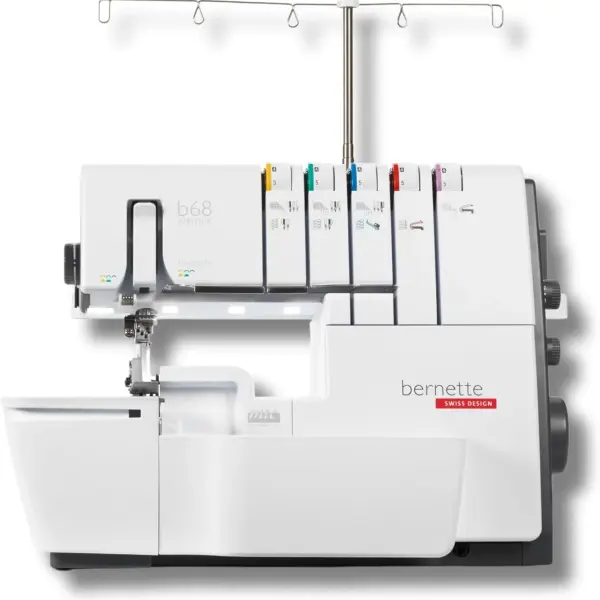 Bernette B68 Airlock Serger with easy air threading, overlock coverstitch combo, high-speed stitching, LED lighting, adjustable stitch length, heavy-duty design, perfect for quilting and beginners.