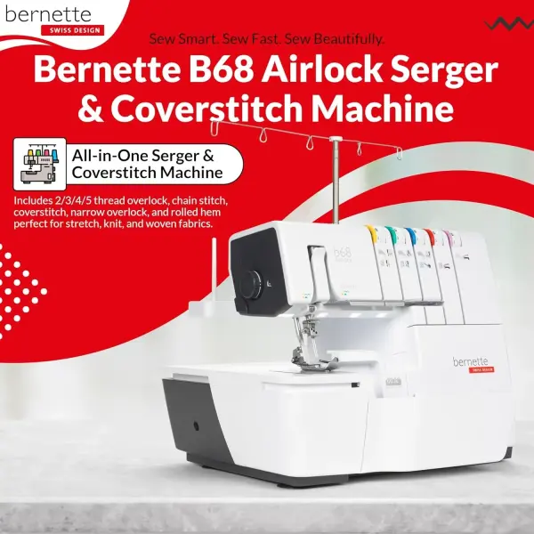 Bernette B68 Airlock Serger with easy air threading, overlock coverstitch combo, high-speed stitching, LED lighting, adjustable stitch length, heavy-duty design, perfect for quilting and beginners.