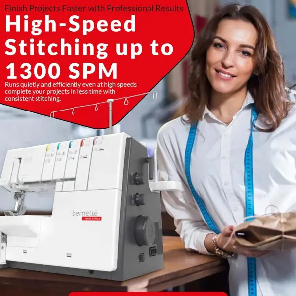 Bernette B68 Airlock Serger with easy air threading, overlock coverstitch combo, high-speed stitching, LED lighting, adjustable stitch length, heavy-duty design, perfect for quilting and beginners.