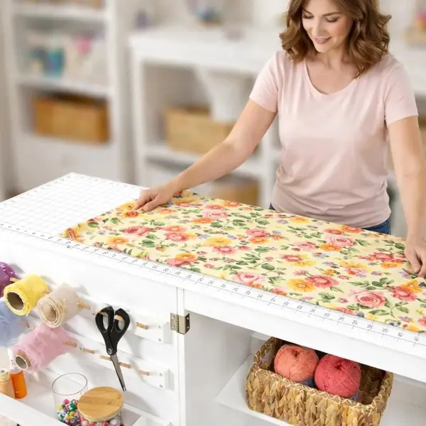 Crutello Sewing Table and Folding Craft Table with Storage for Adults - 46 inch Fold Out Grid Top Crafting Desk for Fabric Cutting, Quilting & Hobby