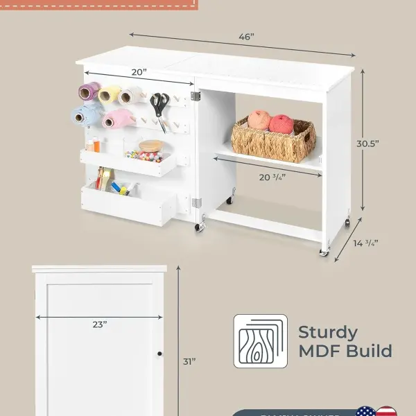 Crutello Sewing Table and Folding Craft Table with Storage for Adults - 46 inch Fold Out Grid Top Crafting Desk for Fabric Cutting, Quilting & Hobby