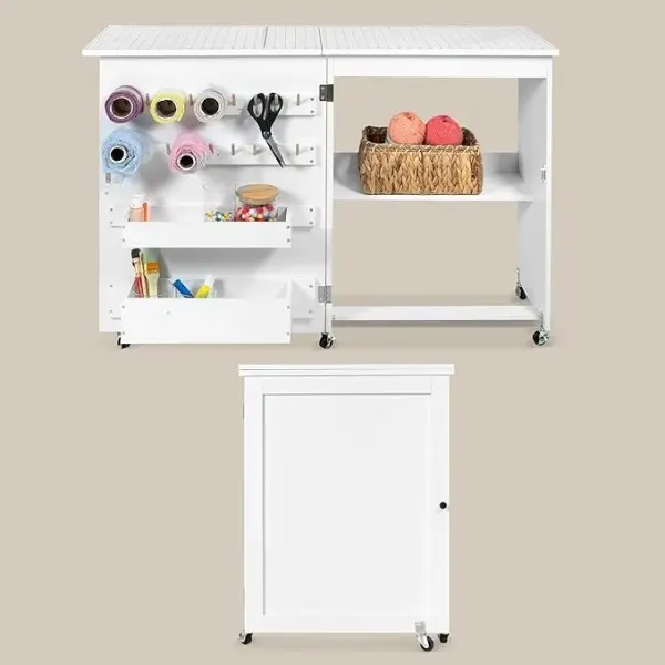 Crutello Sewing Table and Folding Craft Table with Storage for Adults - 46 inch Fold Out Grid Top Crafting Desk for Fabric Cutting, Quilting & Hobby