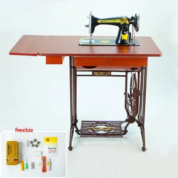 Vintage Handmade Treadle Sewing Machine, Antique Cast Iron Body with Wooden Table, Manual Foot-Pedal Operated for Home Sewing, No Electricity Needed, Includes Beginner Tools & Instructions