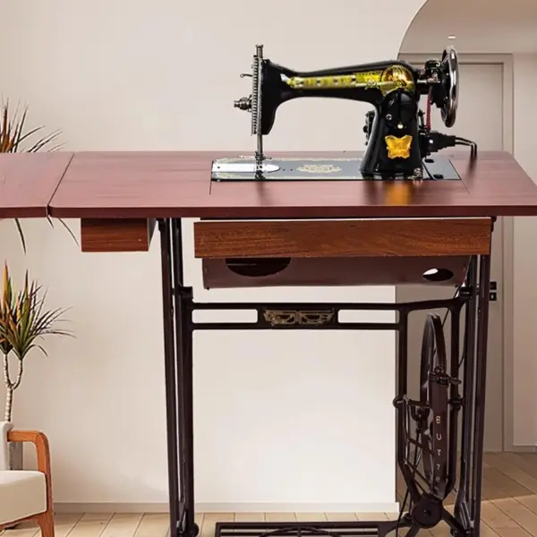 Vintage Handmade Treadle Sewing Machine, Antique Cast Iron Body with Wooden Table, Manual Foot-Pedal Operated for Home Sewing, No Electricity Needed, Includes Beginner Tools & Instructions