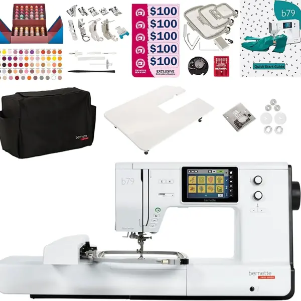 Bernette B79 Sewing and Embroidery Machine Combo | Computerized Touchscreen Machine with 3 Hoops, Sunset Thread Kit, $500+ Embroidery Design Tools, Presser Feet, Extension Table & More