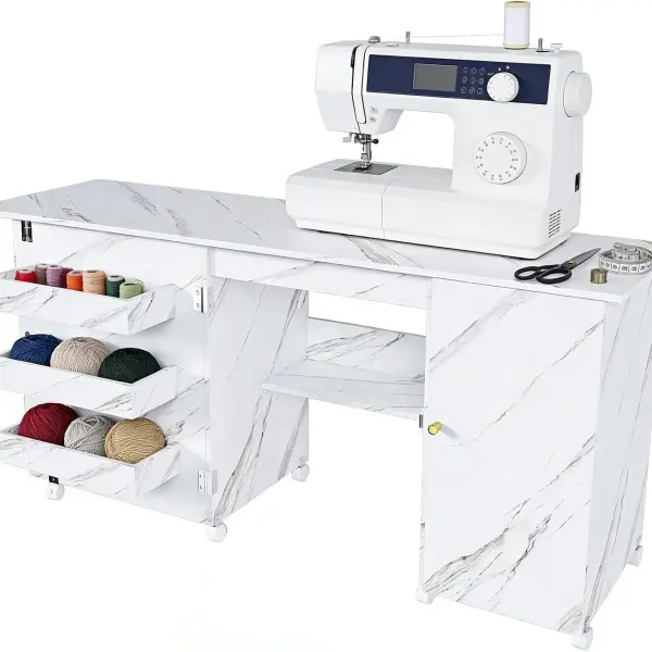 Portable Sewing Machine Table with Storage Shelves & Lockable Wheels, Foldable Sewing Desk with Fold-Out Table, Multipurpose Craft Station with 58" Drop-Leaf Worktop