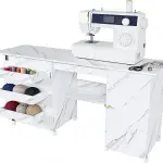Portable Sewing Machine Table with Storage Shelves & Lockable Wheels, Foldable Sewing Desk with Fold-Out Table, Multipurpose Craft Station with 58" Drop-Leaf Worktop