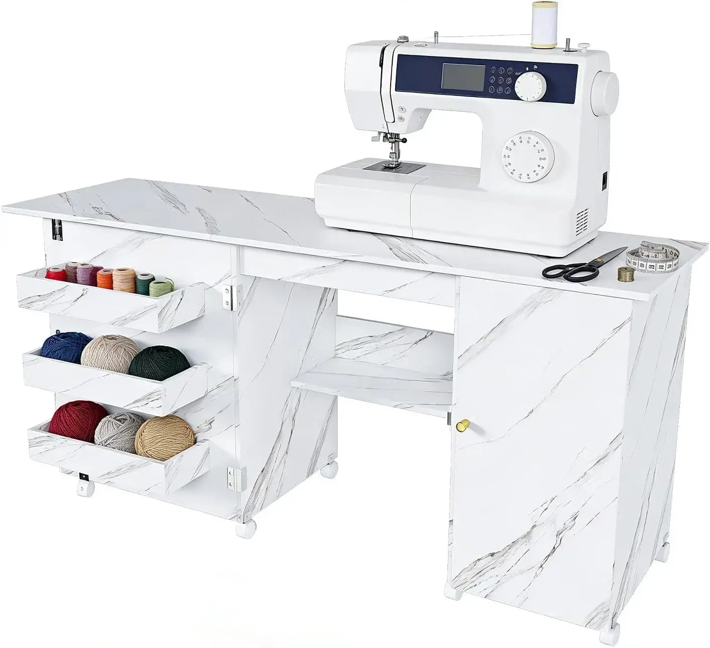 Portable Sewing Machine Table with Storage Shelves & Lockable Wheels, Foldable Sewing Desk with Fold-Out Table, Multipurpose Craft Station with 58" Drop-Leaf Worktop