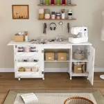 Portable Sewing Machine Table with Storage Shelves & Lockable Wheels, Foldable Sewing Desk with Fold-Out Table, Multipurpose Craft Station with 58" Drop-Leaf Worktop