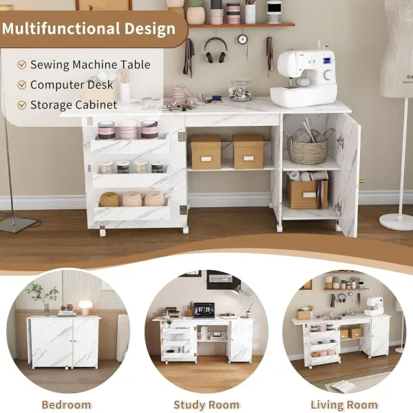 Portable Sewing Machine Table with Storage Shelves & Lockable Wheels, Foldable Sewing Desk with Fold-Out Table, Multipurpose Craft Station with 58" Drop-Leaf Worktop