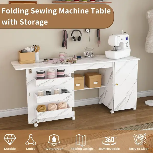 Portable Sewing Machine Table with Storage Shelves & Lockable Wheels, Foldable Sewing Desk with Fold-Out Table, Multipurpose Craft Station with 58" Drop-Leaf Worktop