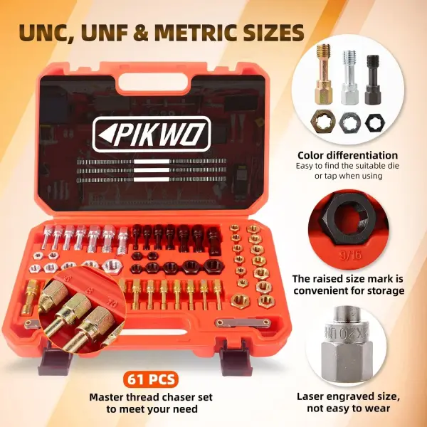 61Pcs Thread Chaser Repair Kit, Rethread Repair Tool, UNC UNF & Metric Thread Restorer Set with Thread Pitch Gauge