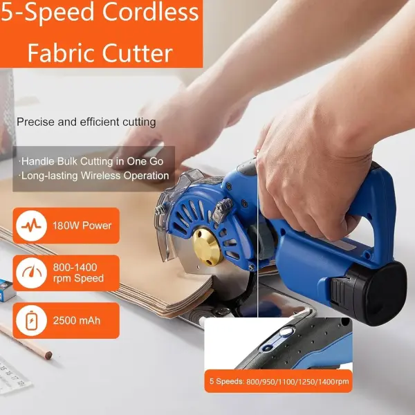 Electric Fabric Rotary Cutter with 2x16.8V Battery, Cordless Speed Adjustable Scissor 125mm Round Knife Leather Cutting Machine Suitable, for Multi-Layer Fabric