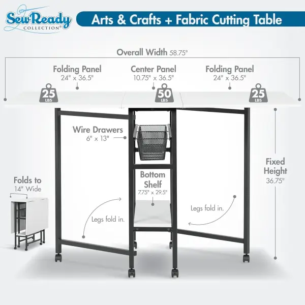 Studio Designs Sew Ready Fabric Cutting Standing Table with Craft Organizers - 58.75" W x 36.5" D x 30" H - Charcoal / White
