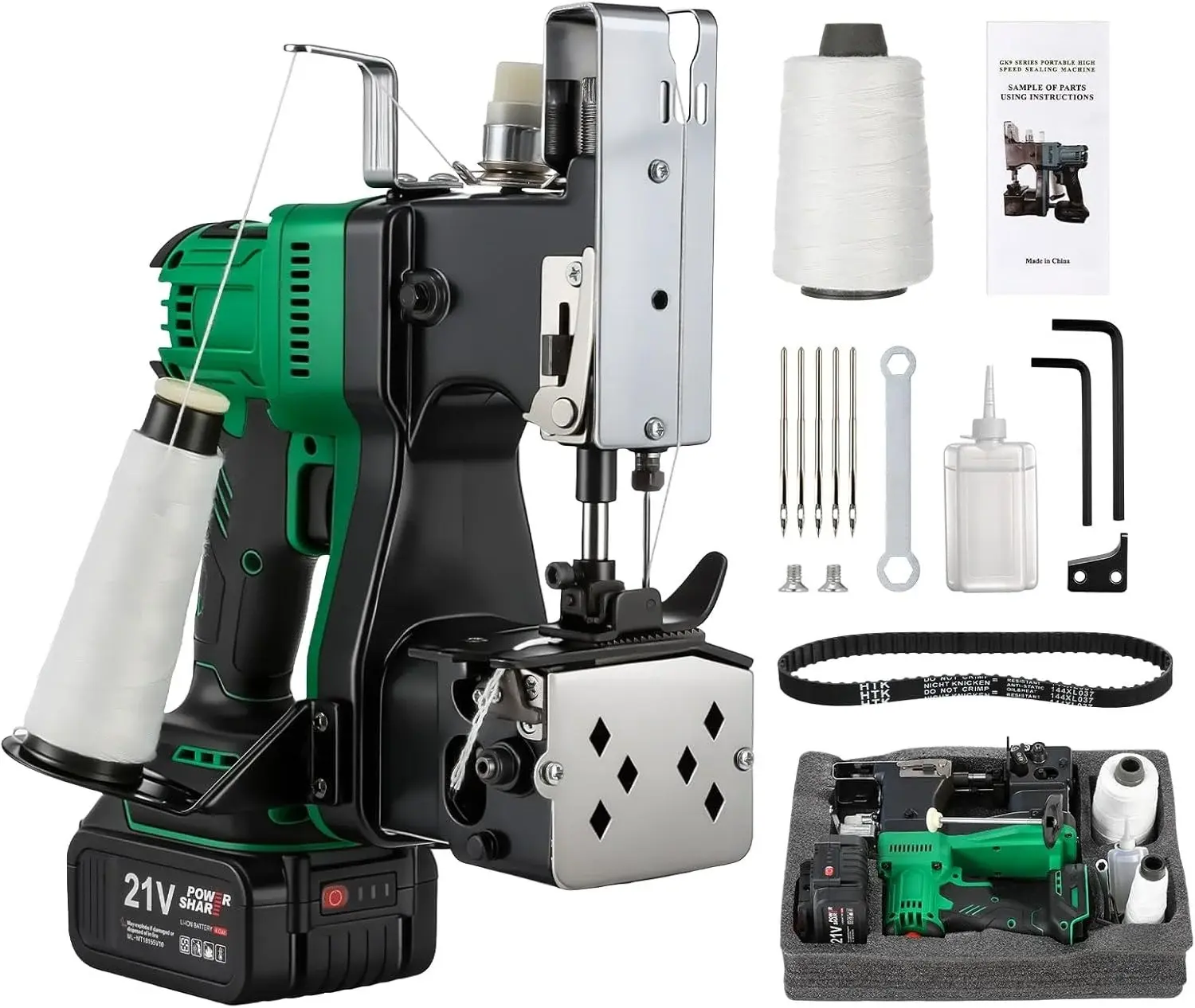 Cordless Bag Closing Machine with 2x3.0A Batteries, Brushless Motor, Battery Bag Sewing Machine Portable Bag Closer Stitcher Packing Machine for Feed Sacks, Rice Bags, Burlap Sack