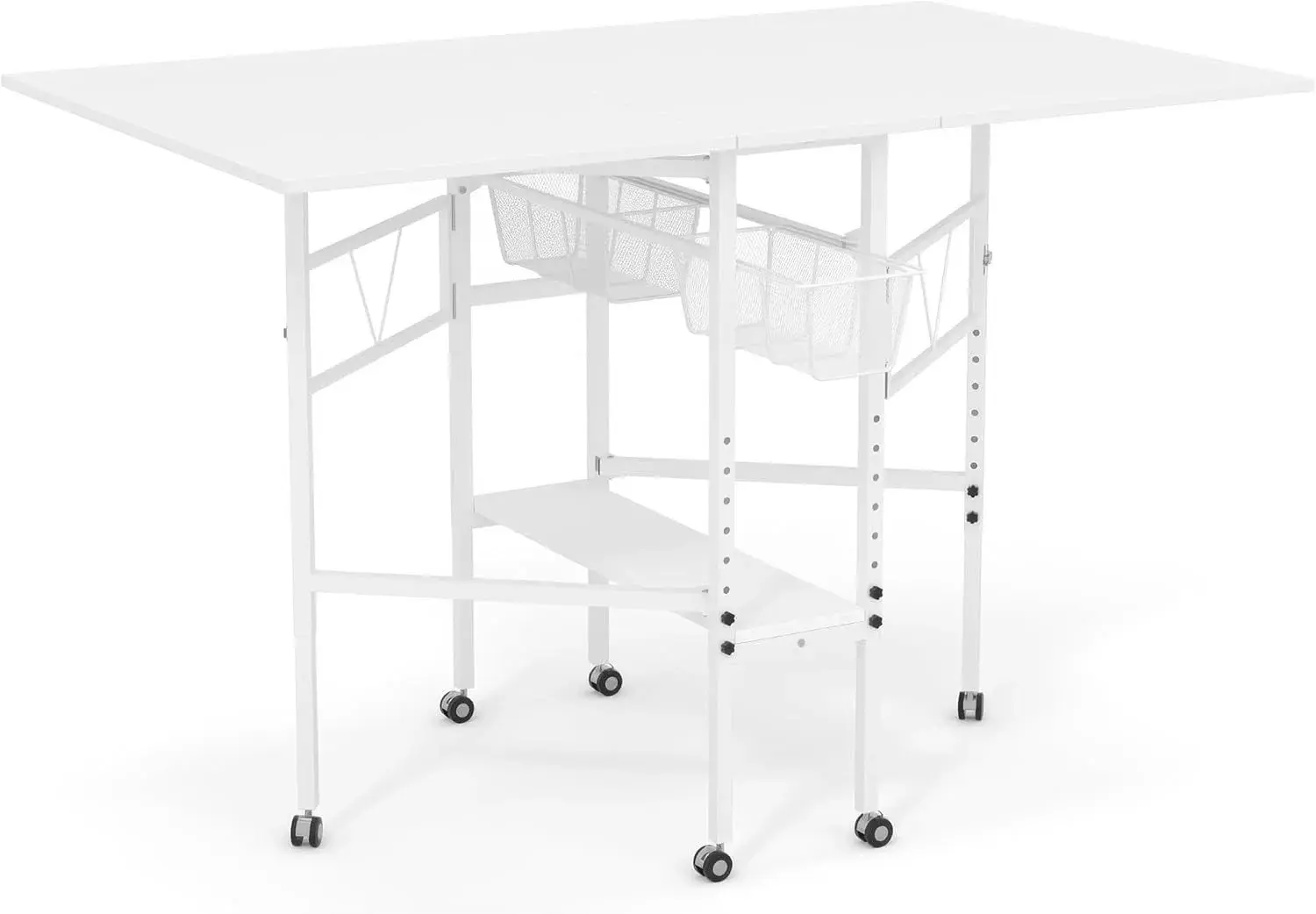 Sew Ready Folding Sewing Craft Table with Storage, Adjustable Height Cutting Desk with Drawers and Wheels for Quilting, Fabric, and Hobby Room, White