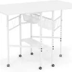 Sew Ready Folding Sewing Craft Table with Storage, Adjustable Height Cutting Desk with Drawers and Wheels for Quilting, Fabric, and Hobby Room, White