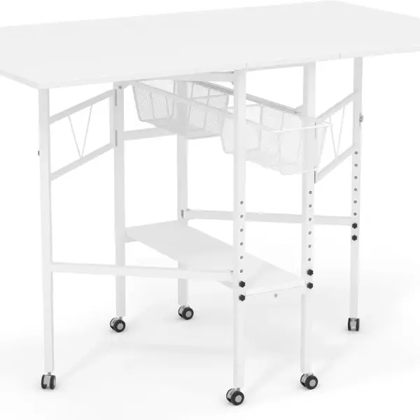 Sew Ready Folding Sewing Craft Table with Storage, Adjustable Height Cutting Desk with Drawers and Wheels for Quilting, Fabric, and Hobby Room, White