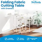 Sew Ready Folding Sewing Craft Table with Storage, Adjustable Height Cutting Desk with Drawers and Wheels for Quilting, Fabric, and Hobby Room, White
