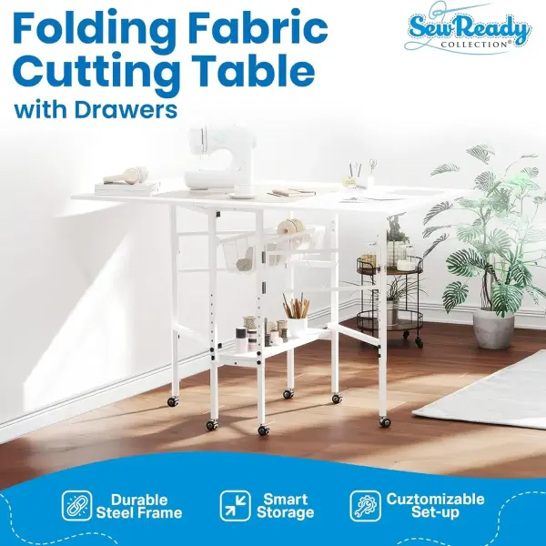 Sew Ready Folding Sewing Craft Table with Storage, Adjustable Height Cutting Desk with Drawers and Wheels for Quilting, Fabric, and Hobby Room, White